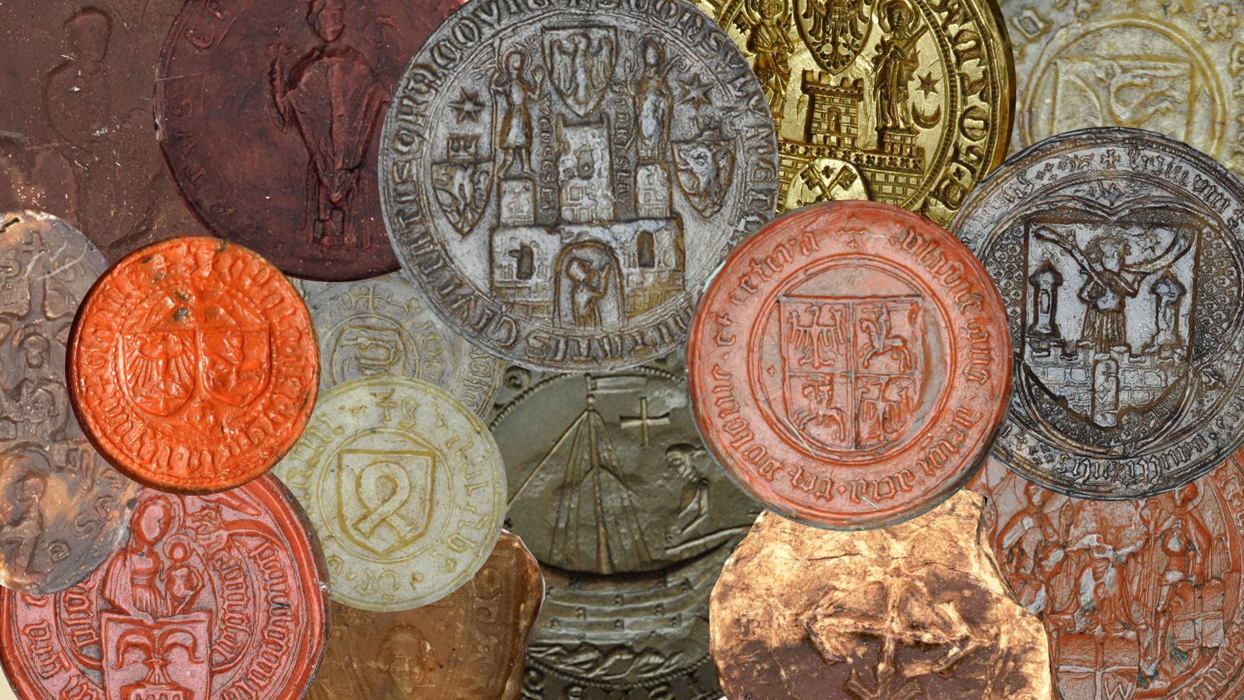Pieczęcie średniowieczne ułożone jedna na drugiej