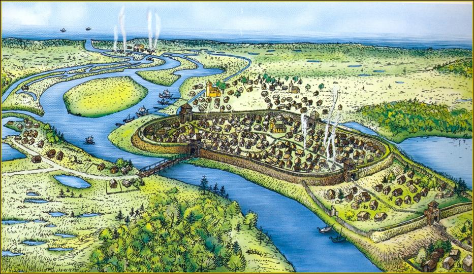 Rysunek grodu w Kołobrzegu w dwunastym wieku